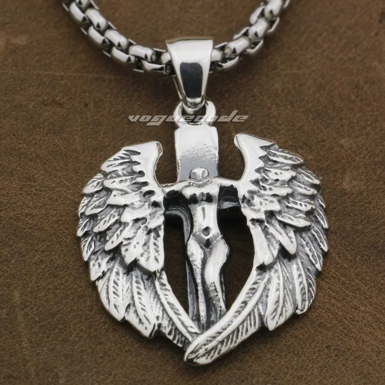 

925 Sterling Silver Naked Angel Cross Wings Mens Biker Rocker Pendant 9F022A(Necklace 24inch)