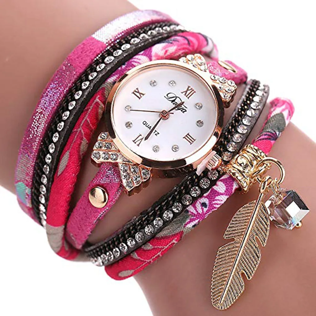 

Women Vintage Bracelet Watch Multilayers Leaf Pendant Colorful Braided Wrap Decorative Quartz Watch