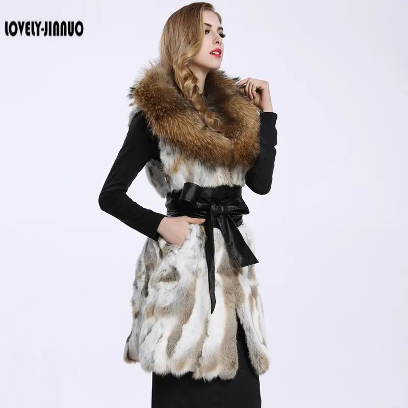 Real genuine natural rabbit fur vest with big raccoon fur collar women long jacket gilet custom