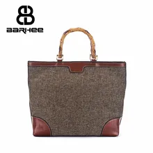 Брендовая дизайнерская роскошная женская сумка BARHEE из натуральной кожи с бамбуковой ручкой, Женская Большая Сумка-тоут из льняной ткани, сумка из воловьей кожи