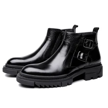 Модные черные туфли на платформе мужские ботильоны натуральная кожа ботинки Мужская Уличная Повседневная обувь с двойной пряжкой