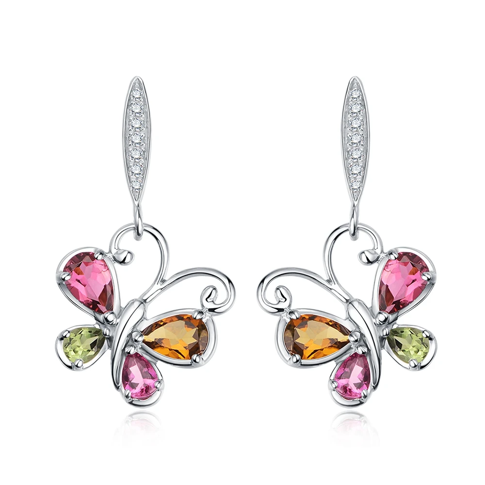 

3.0ct Natural Colorful Tourmaline Gem Sterling Silver Flying Butterfly Dangle Earrings