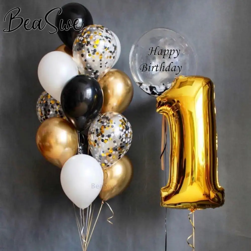 

17pcs/lot 18inch bubble balloon sticker with 32" silver number 1 balloons black Metallic gold latex Happy Birthday party decor