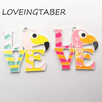 

( Choose Color First ) Newest 42mm*42mm 10pcs/lot All Enamel LOVE Shaped Flamingo Pendants For Kids Jewelry Making