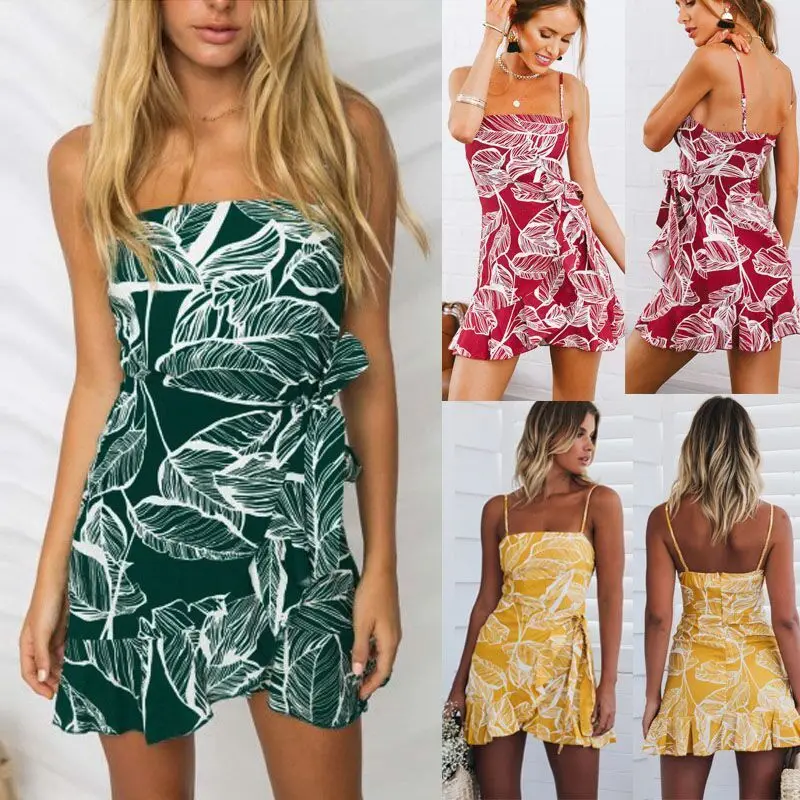 2018 Women Summer Strap Ruffles Boho Short Mini Party Beach Dresses Sundress Clothing | Женская одежда