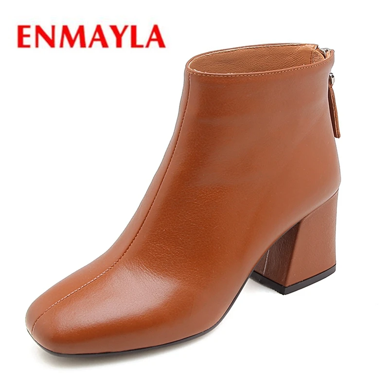 

ENMAYLA Square Toe Basic Slip-On Genuine Leather Square Heel Womens Boots Ankle Shoes Booties Size 34-40 ZYL1893