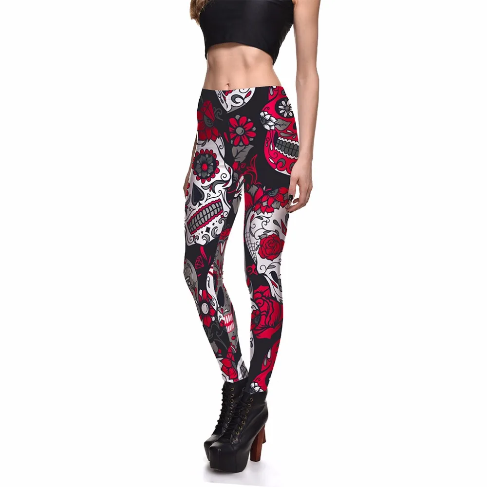 

New Arrival Fashion Women Leggings Red Flower Skull Digital Printed Legging For Women Pants High Waist Slim Fit Women Leggins