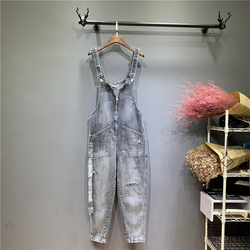 

Western Style Zipper Denim Overalls for Women New Spring High Waist Loose Female Straight Pants Solid Color Studnets Jumpsuits