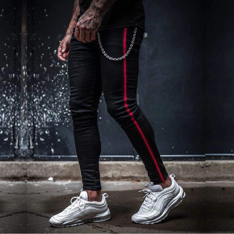 Mens Side Stripe Skinny Fit Black Denim Jeans Hip Hop Streetwear Solid Color Plus Size Slim Fit Lightweight Cotton Jeans for Men Mens Side Stripe Skinny Fit Black Denim Jeans Hip Hop Streetwear Solid Color Plus Size Slim Fit Lightweight Cotton Jeans for Men