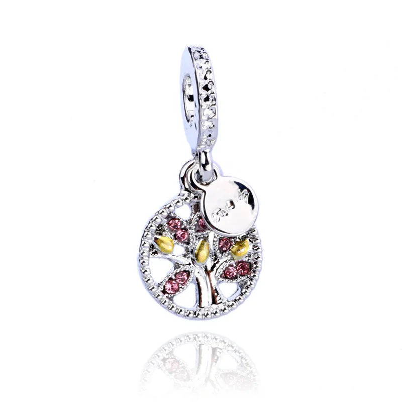 

free shipping 1pc silver pink white lake blue family life tree hanging bead charms fit european pandora style bracelet B062