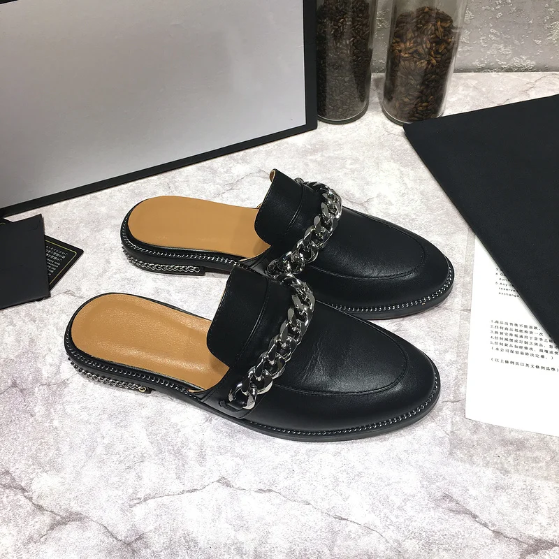 

2017 New Arrival Black Chain Decoration Slides Slingback Flat Sandal Summer Dress Shoes Women Wholesale Drop Shipping