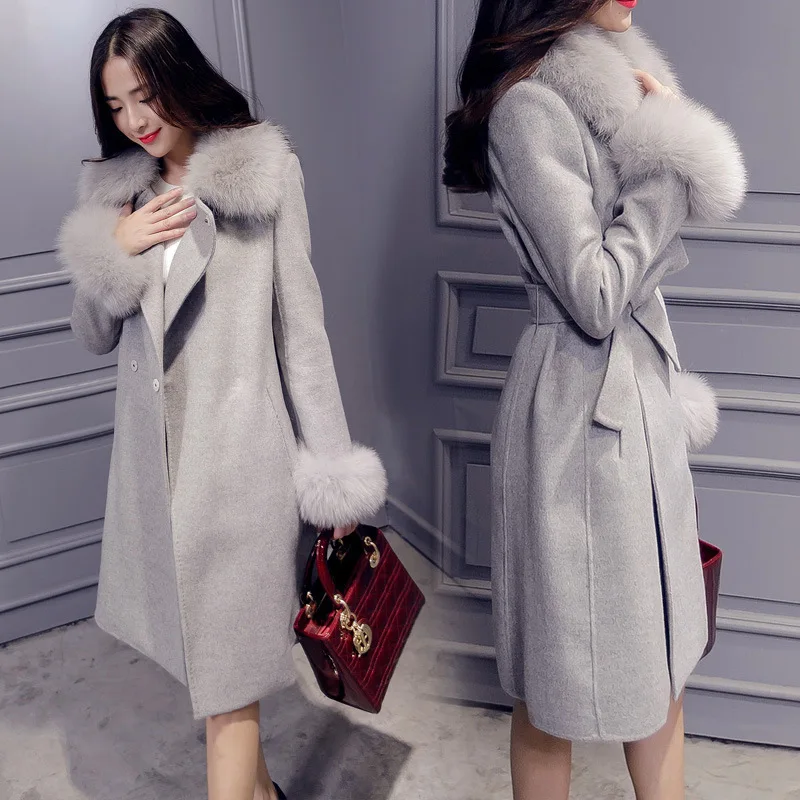 

Autumn Winter Women Jackets and Coats Women Wool Coat Pockets Wool Blend Sashes Removable Fur Collar Women Coats