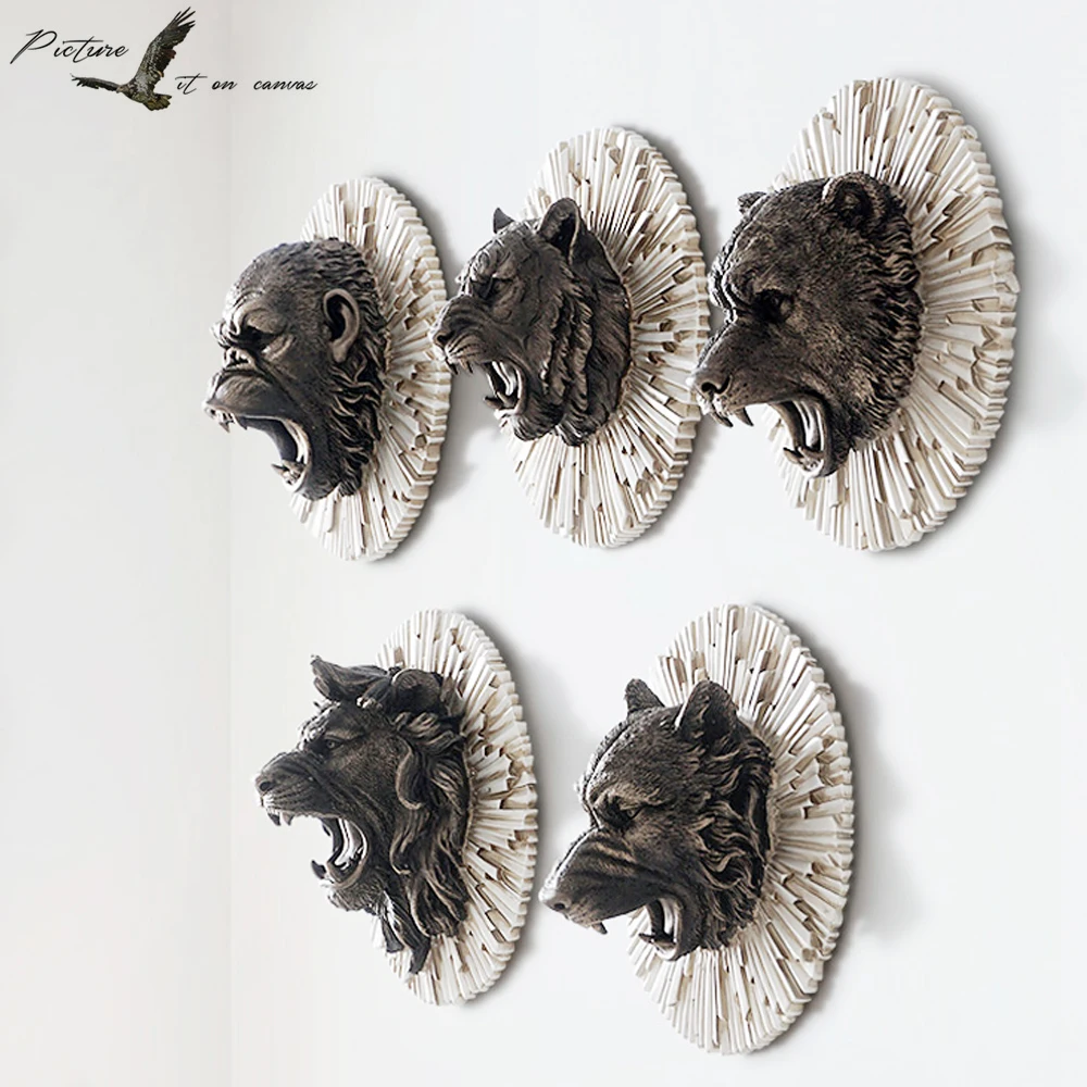 

Angry Tiger Lion Bear Wolf King Kong Head Wall Decoration Retro Style Creative Resin Wall Hanging Ornaments Christmas Decor