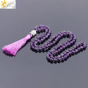 

CSJA Natural Amethystine Purple Crystal Quartz Tassel Necklaces Round Gem Rosary 108 Mala Beads Buddha Meditation Casual F171