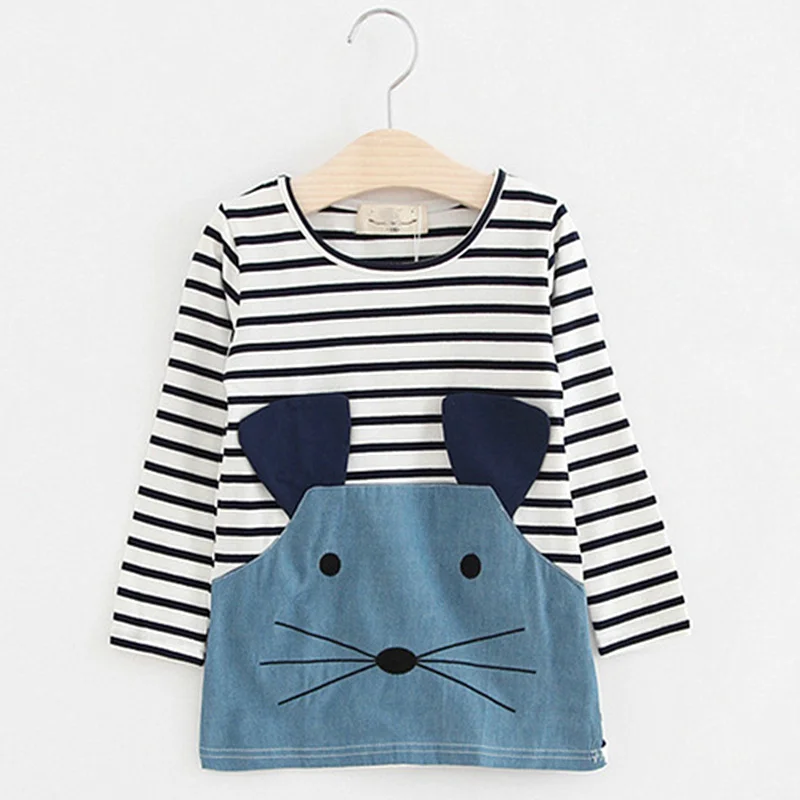 

Binhbet Striped Patchwork Character Girl Dresses Long Sleeve Cute Mouse Children Clothing Kids Girls Dress Denim Kids Clothes