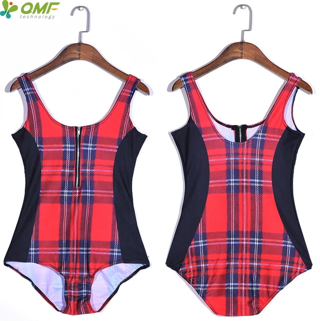 Gradient Colorful Plaid Bathing Suits Sexy Zip Front One Piece Birthday
