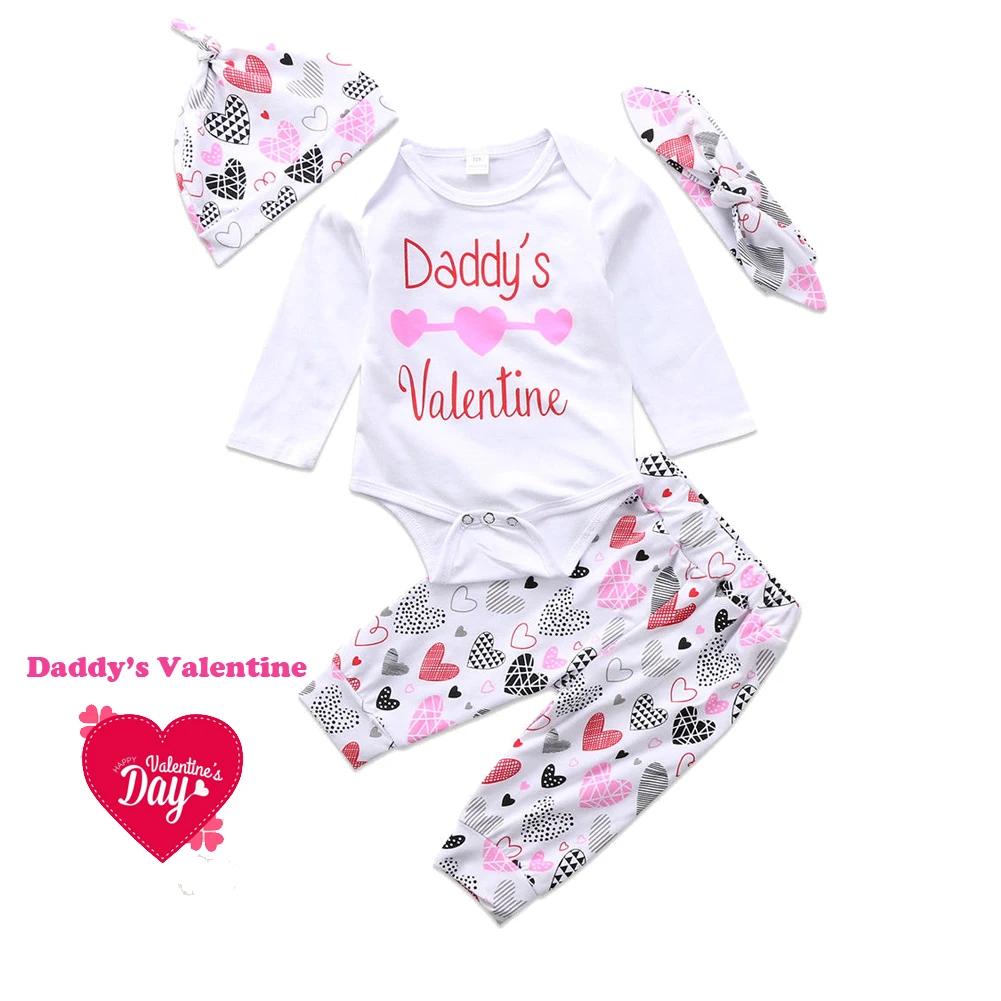 2019 брендовая одежда для новорожденных девочек из 4 предметов, милый комбинезон на День святого Валентина + штаны с сердечками, комплект