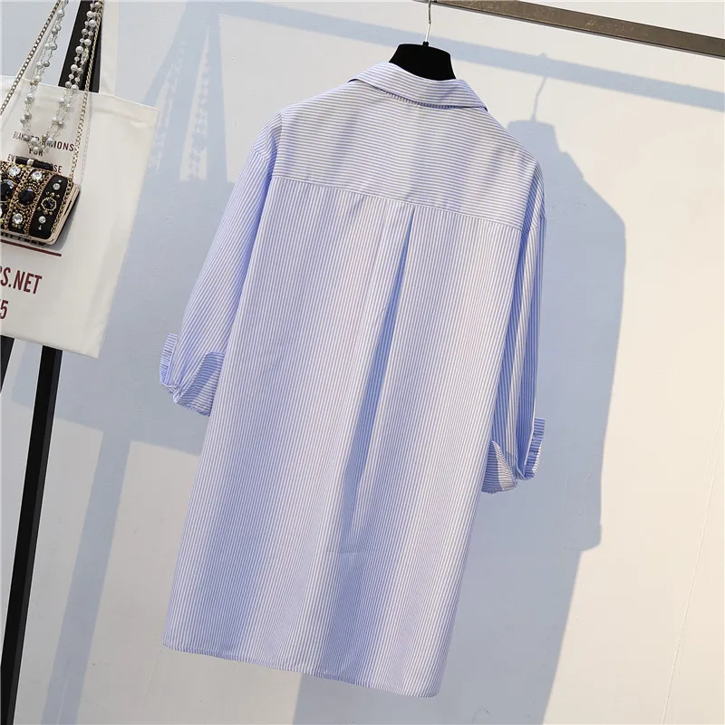 Одежда для офисных леди размера плюс, осень, Полосатое платье-рубашка с длинным рукавом+ джинсовая короткая юбка с высокой талией и пуговицами, комплект из двух предметов
