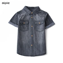 Aipie/Детские рубашки высокого качества для мальчиков Новинка года, Летние повседневные однотонные джинсовые рубашки из хлопка с короткими рукавами для детей возрастом от 4 до 13 лет