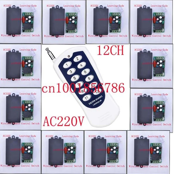 

12Receiver&1Transmitter 220V 1CH Radio Remote Control Switch Light Lamp LED ON OFF Learning Code Output Adjusted Mini Size