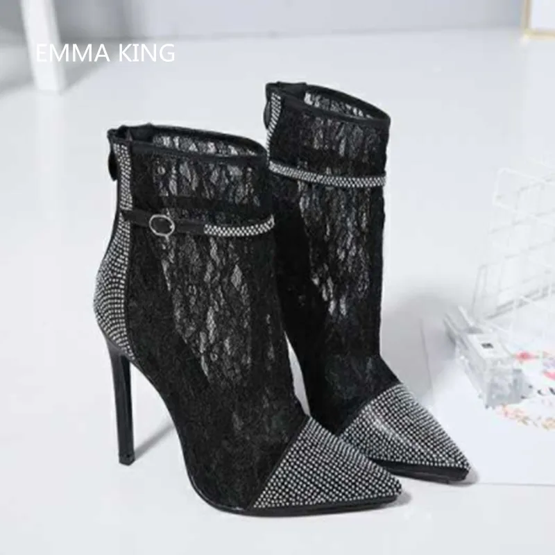 

Rhinestones Embellished Ankle Boots For Women Pointed Toe Thin High Heels Elegant Ladies Shoes Buckle Back Zipper Short Booties