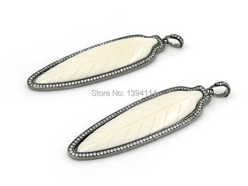 

Micro Pave Clear CZ Ox Bone Carved Leaf Pendant Of Gluing Brass Setting Black Gun Plated Approx 70*22*4mm