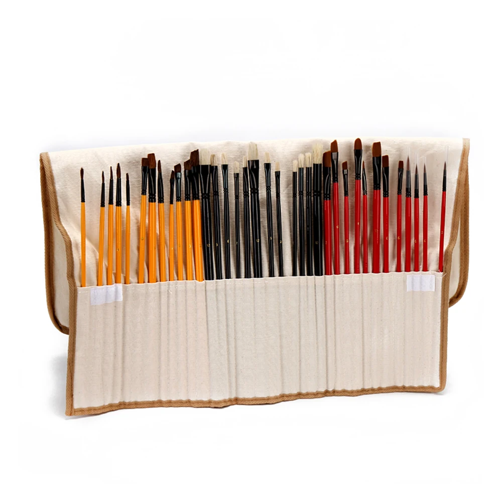 36 Paint Brush Set With Canvas Holder Synthetic Hair Art Brushes For