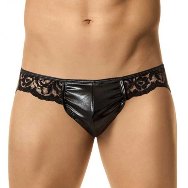 Sexy Black Mens Panties Lace Vinyl Leather Man Hot Exotic Lingerie Briefs Thong Special Clubwear Pouch Sexy Black Mens Panties Lace Vinyl Leather Man Hot Exotic Lingerie Briefs Thong Special Clubwear Pouch