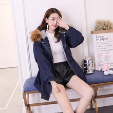 Зимняя меховая джинсовая куртка женская куртка-бомбер с длинным рукавом Свободная синяя джинсовая куртка пальто с теплой подкладкой на пуговицах спереди