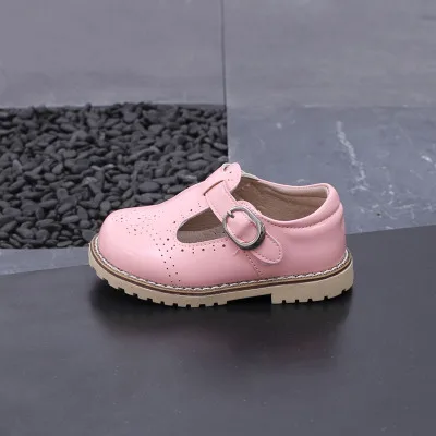 Childrens Soft-soled Leather Shoes Hollow T-shape Girls Shoes Sweet Princess Shoes Mary Jane Single Shoes Hook Loop Kids Flats - Цвет: Розовый