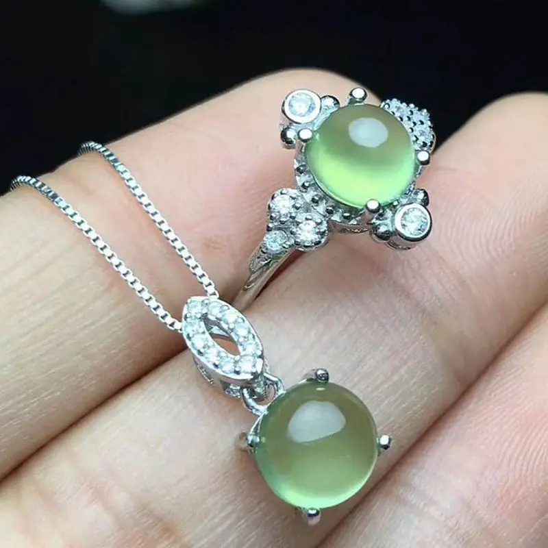 

925 Sterling Silver Prehnite Pendant Necklace and Wedding Ring Round Natural Gemstones 7 x 7mm Jewelry Set