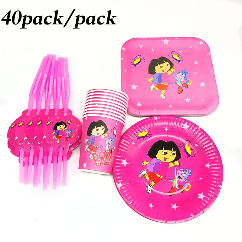 

40pcs Dora the Explorer disposable plates cups straws Dora disposable cups Dora the Explorer birthday party decorations