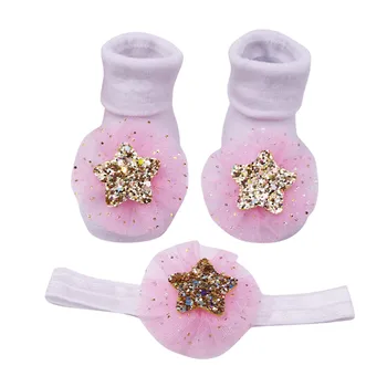 

Infant Baby Girls Socks+1PC Hair Belt Oufit Toddler Girl Floor Anti-slip Applique Cotton Socks Baby Sequins Star Gift home socks