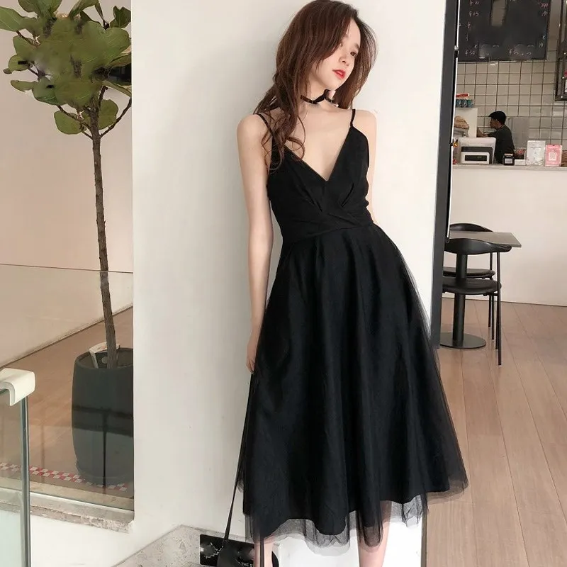 

Vintage Elegant Black Spaghetti Straps A Line Dress Women Mesh Midi Dress Casual Deep V Neck Long Dress
