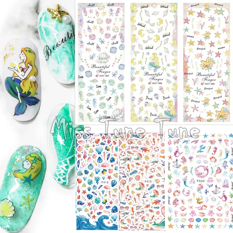

1pcs 3D Adhesive Nail Water Transfer Stickers Decals Watermark Stickers Tips Sea Shell Mermaid Starfish Ocean Summer Beach