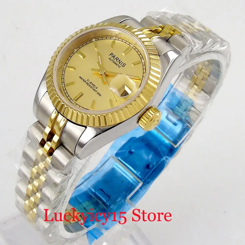 Luxury Classic Style PARNIS Lady/Women's Stainless Steel Wristwatch 26mm Gold Plated Watch Case Sapphire Glass Auto Movement