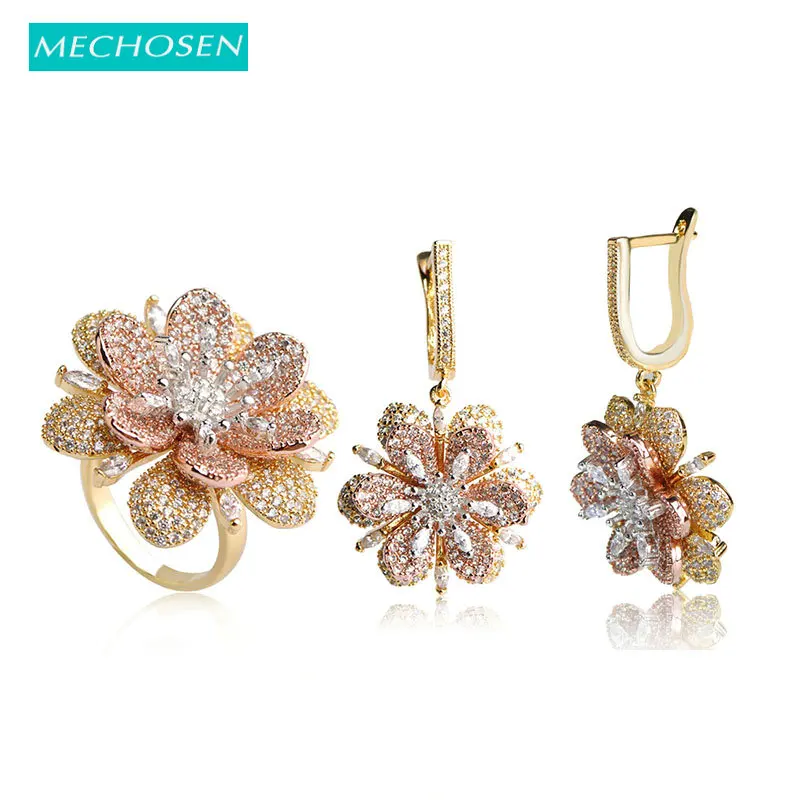MECHOSEN Elegant Flower Drop Earrings Ring Set Luxury AAA Zirconia Women Bridal Wedding Jewelry Sets Rose
