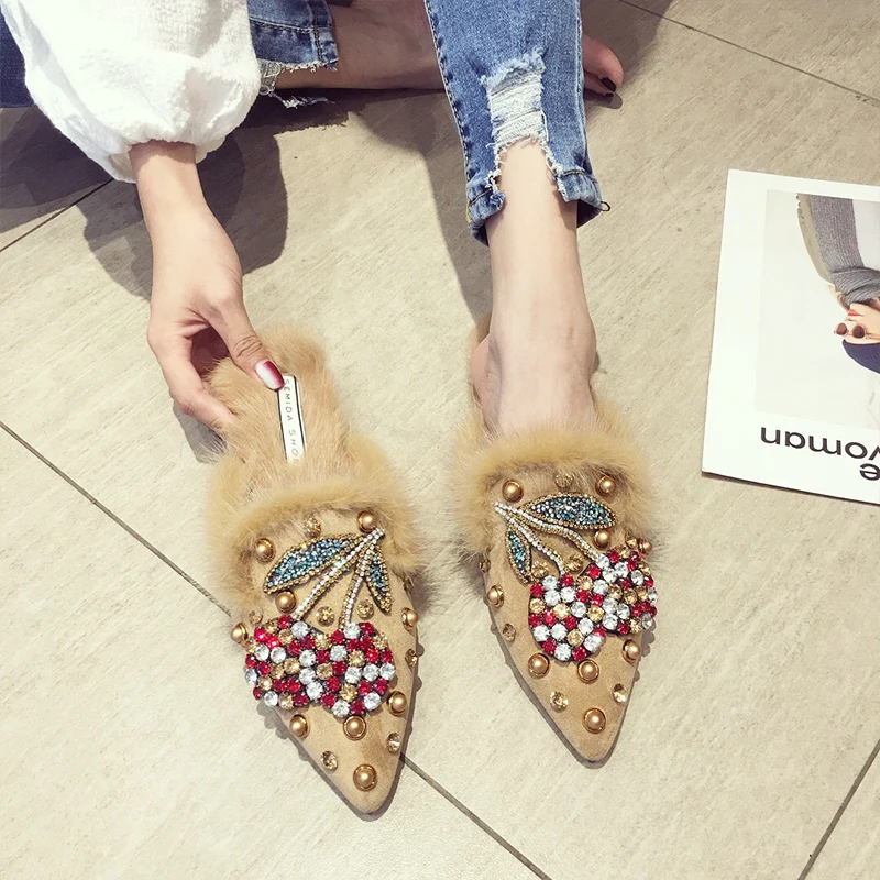 SWYIVY Woman Flats Mullers Shoes Half Slippers 2019 Spring Winter Female Casual Shoes Pointed Toe Rhinestone Velvet Fur Mullers
