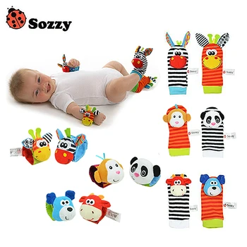 Sozzy 2pcs Soft Baby Toy Wrist Strap Socks Cute Cartoon Garden Bug Plush Rattle with Ring Bell 0M+