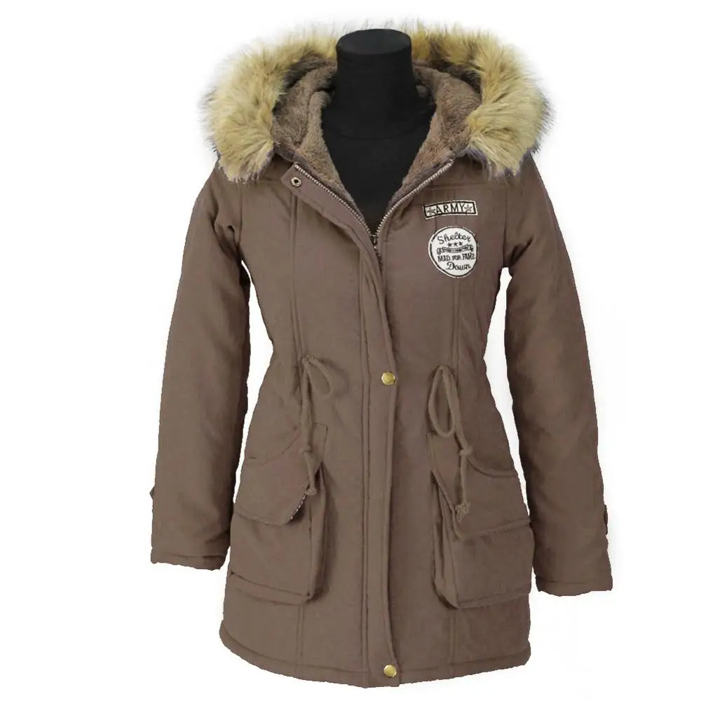 SheBlingBling, женские модные парки, зимние куртки, пальто, искусственный мех, с капюшоном, воротник, повседневные Длинные парки, хлопковые ватные пальто - Цвет: Dark Brown