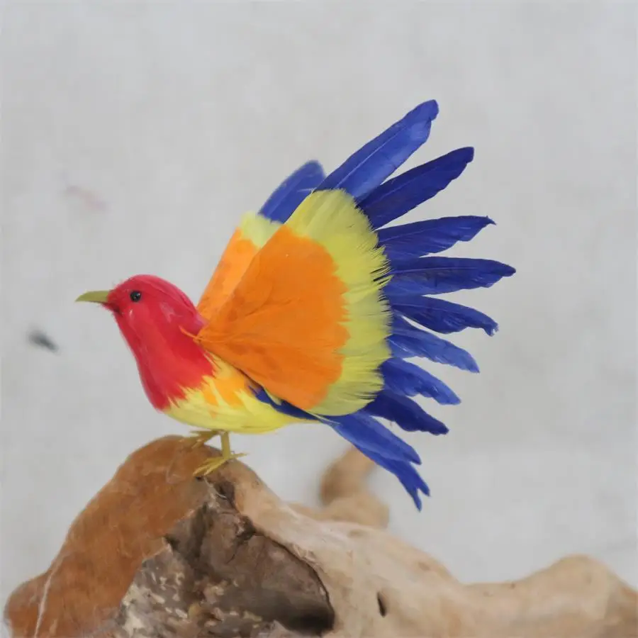 

A colorful real feather flying artificial bird handicraft Halloween party decoration display props 22cm