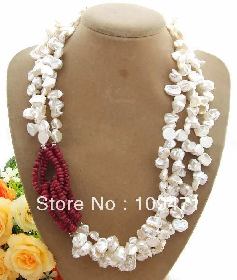 

Excellent! 3Strds White Keshi Pearl&Stone Necklace