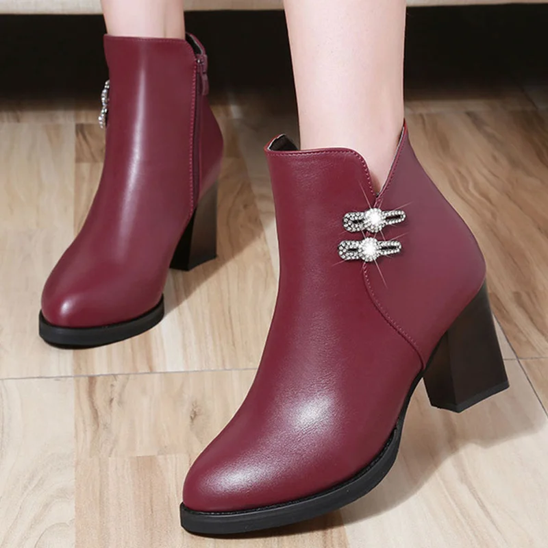 

Leather boots women short plush zip crystal winter boots women waterproof high heels ankle boots warm women's luxury shoes