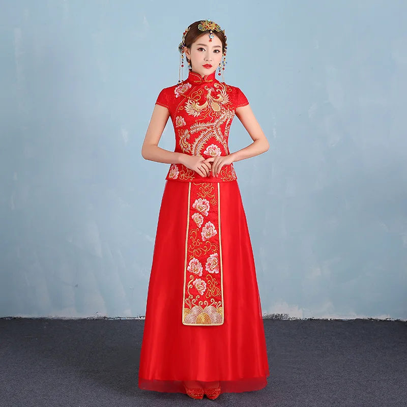 Невесты традиции Для женщин феникс вышивка Cheongsam долго Qipao свадебное платье Традиционный китайский платья Китай Костюмы магазине