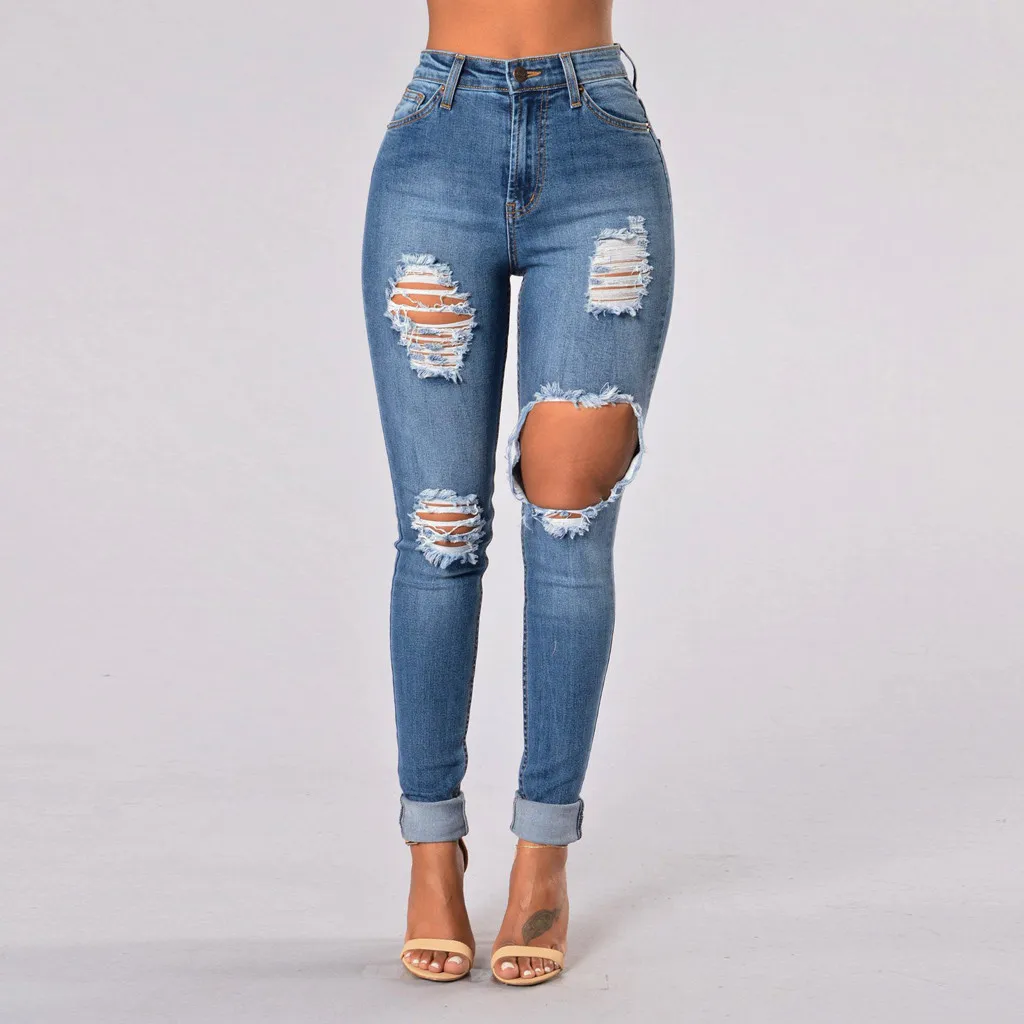 

Women pants Hight Waisted Hole hollowing out Long Pants Pocket Denim Jeans Stretch Length Jeans Trousers ladies fashion pants#G8