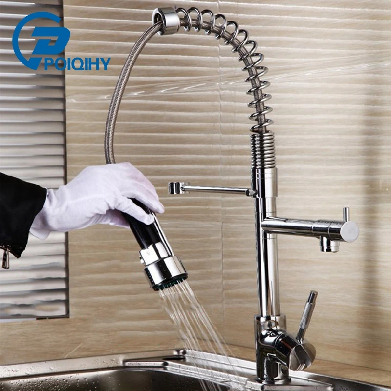 

POIQIHY Chrome Deck Mount Kitchen Faucet 360 Degree Rotation Kichen Mixer Tap Faucet Spring Sprayer Swivel Spout Faucet