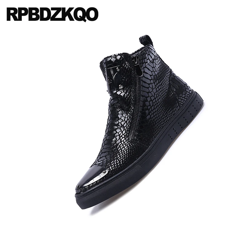 Модная дизайнерская обувь из лакированной кожи с высоким берцем и искусственным мехом; мужские качественные кроссовки из металлической змеиной кожи и крокодиловой кожи; черные кроссовки; ботинки