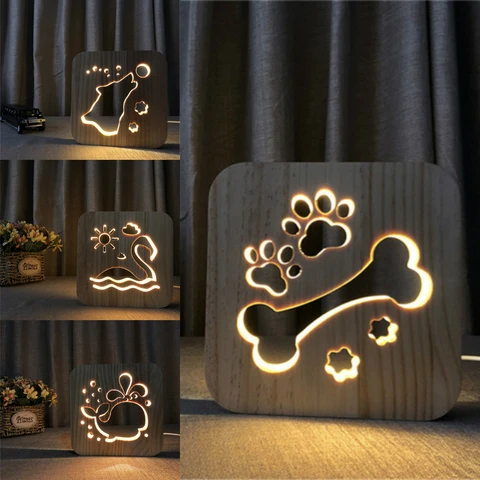 Pata do Cão de Madeira Quarto dos Miúdos Light para Crianças Presente da Gota Lâmpada Decoração Quente França Francês Bulldog Usb Led Night Grátis Luz