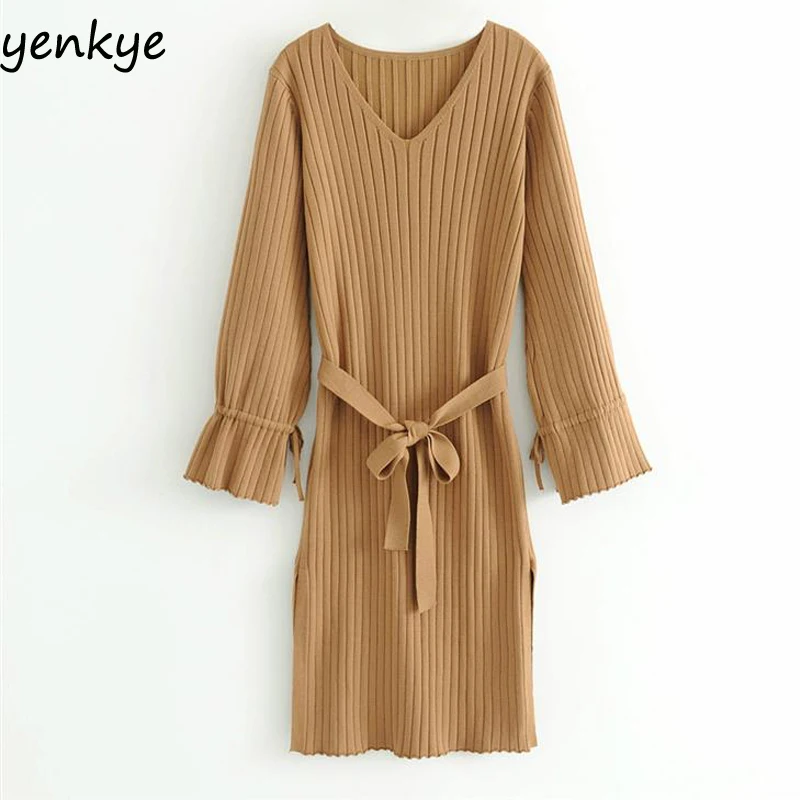 

Sweet Women Solid Color Knitted Dresses V Neck Long Sleeve With Belt Casual Dress Lady Knee Length Autumn Winter Dress JHWM1109