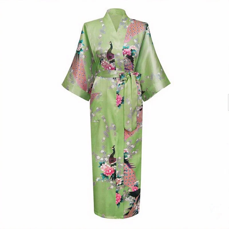 Белый Сексуальный Цветок юката кимоно банное Платье женское шелковое длинное белье с v-образным вырезом халаты пижамы костюмы для сауны размера плюс S-XXXL NR069 - Цвет: Long Green